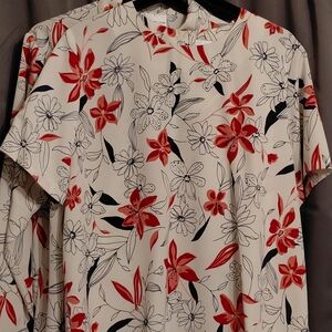 2 Piece Susan Graver White with Red and Black Floral Design. Top And Over Shirt